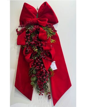 FIOCCO MAXI IN VELLUTO ROSSO CON TRALCIO DI BACCHE E ABETE