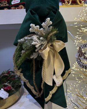 FUORIPORTA DOPPIO FIOCCO MAXI IN VELLUTO VERDE CON FOGLIE ORO E APPLICAZIONI NATALIZIE
